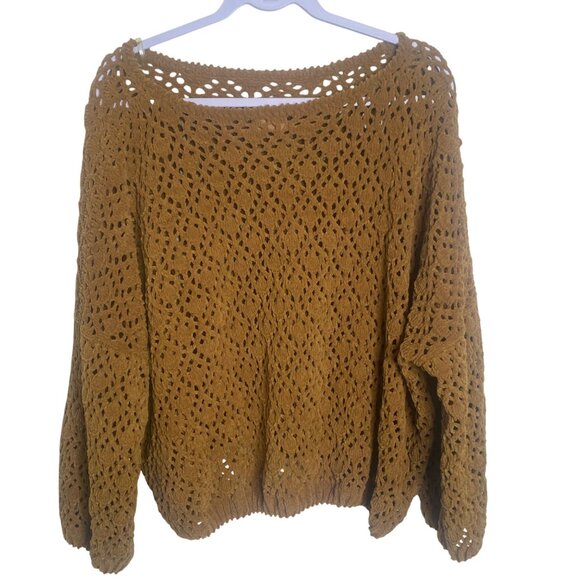 POL Chunky Open Knit Crochet Pullover Sweater Womens S Mustard Brown Pullover Ov - Picture 1 of 8
